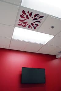 NEX-S-ER with Red Concave Elements installed in cafeteria with red wall - New QAT Offices