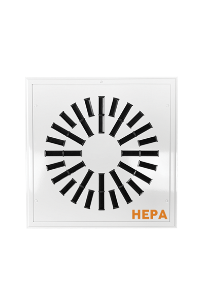 AXO-HEPA High Induction Square Swirl Diffuser with removable face and HEPA filter for high efficiency filtration and diffusion.